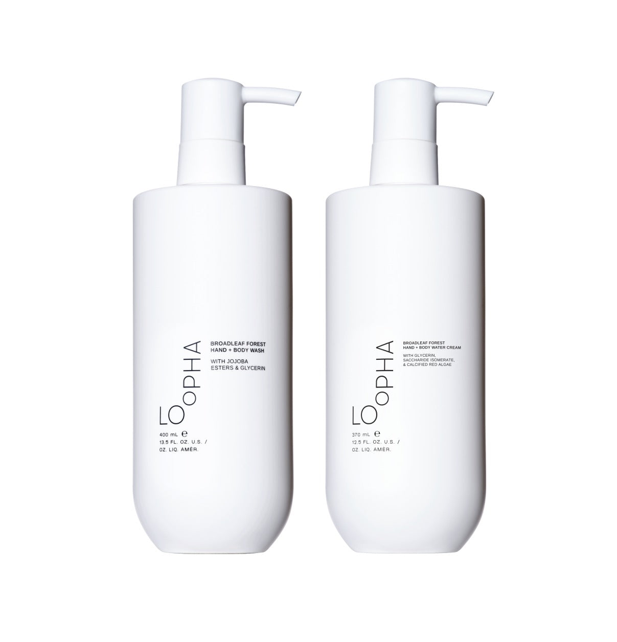 LOoPHA Broadleaf Forest Hand + Body Wash and LOoPHA Broadleaf Forest Hand + Body Water Cream bottles