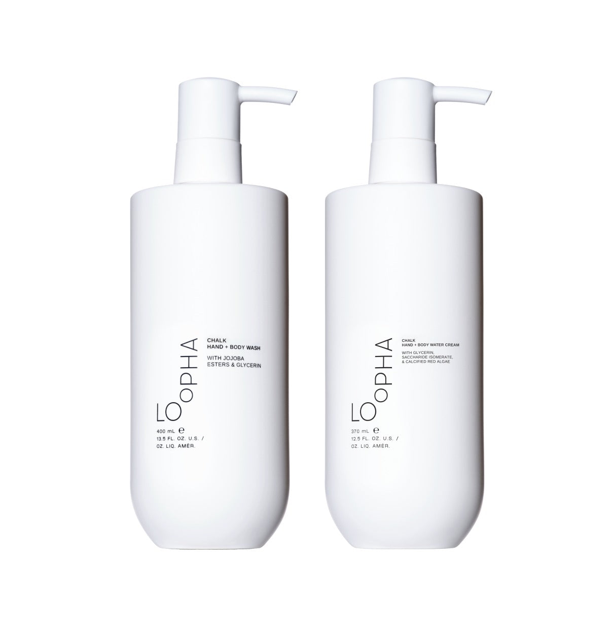 LOoPHA Chalk Hand + Body Wash and LOoPHA Chalk Hand + Body Water Cream bottles