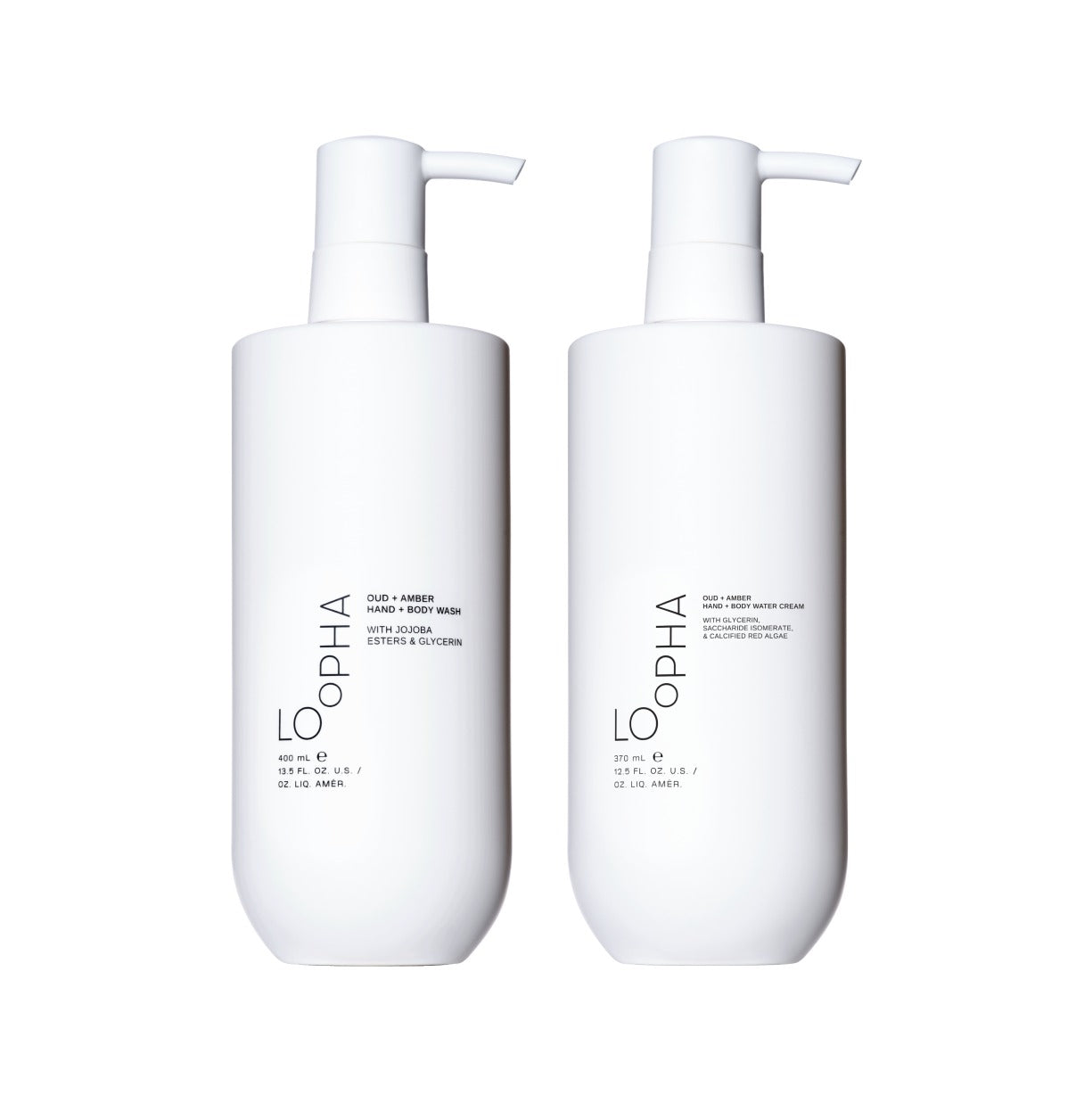 LOoPHA Oud + Amber Hand + Body Wash and LOoPHA Oud + Amber Hand + Body Water Cream bottles